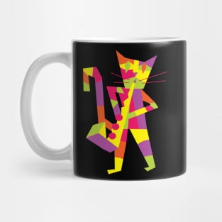 Cat playing saxophone cubist modern art style Mug